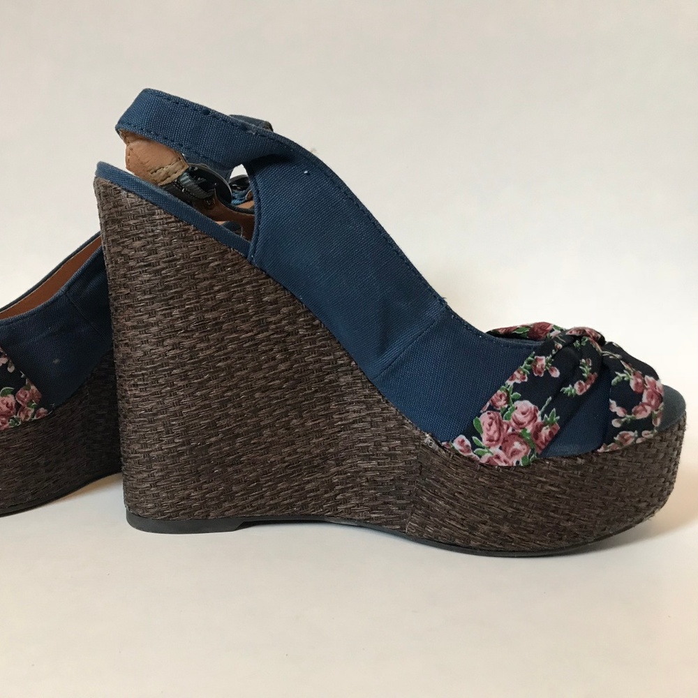 Qupid Blue Canvas Bow Slingback Wedge - Picture 6 of 8